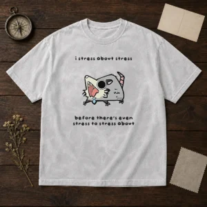 Nice Opossum I Stress About Stress Before There Is Even Stress To Stress About printed on a soft washed t shirt in light gray
