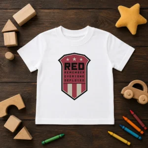 Nice Red Remember Everyone Deployed Military Support Shield Kids T Shirt with bold military support graphic