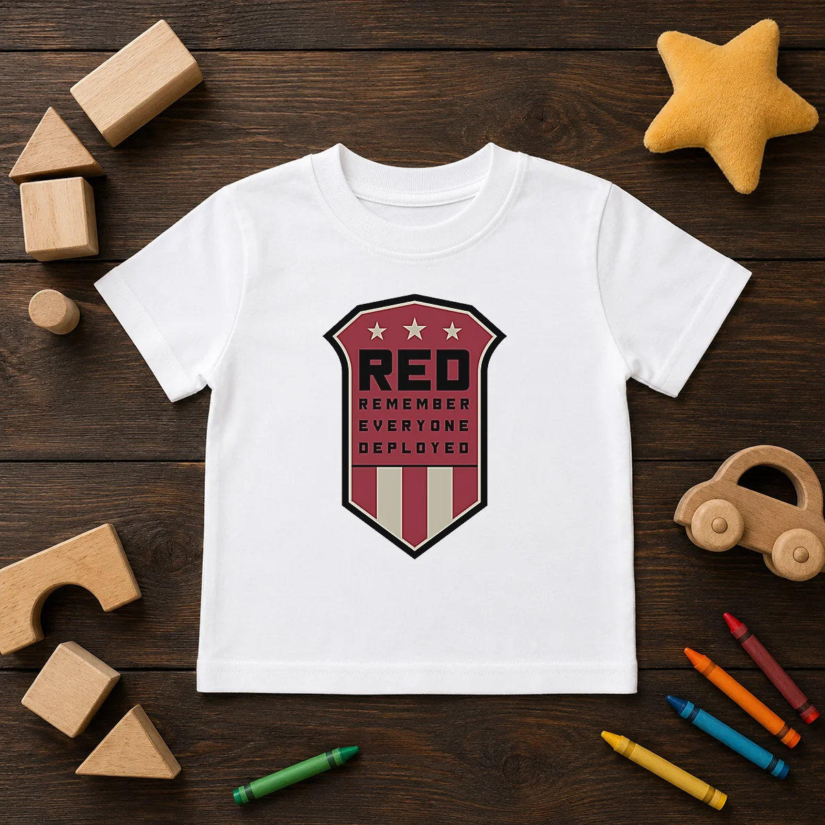 Nice Red Remember Everyone Deployed Military Support Shield Kids T Shirt with bold military support graphic