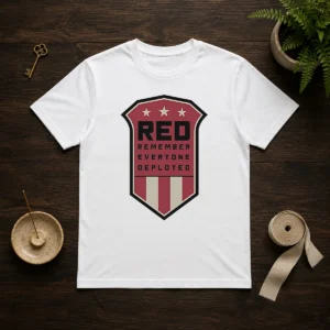 Nice Red Remember Everyone Deployed Military Support Shield t shirt in classic crew neck style with bold graphic print