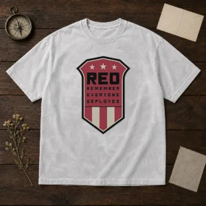 Nice Red Remember Everyone Deployed Military Support Shield Washed T-Shirt
