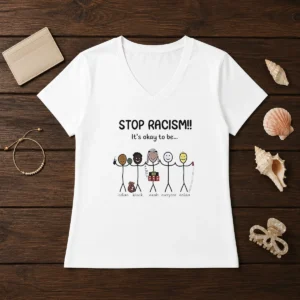 Nice Stop Racism It'S Okay To Be Indian Black Arab Everyone Asian V Neck Shirt in black, short sleeve cotton garment