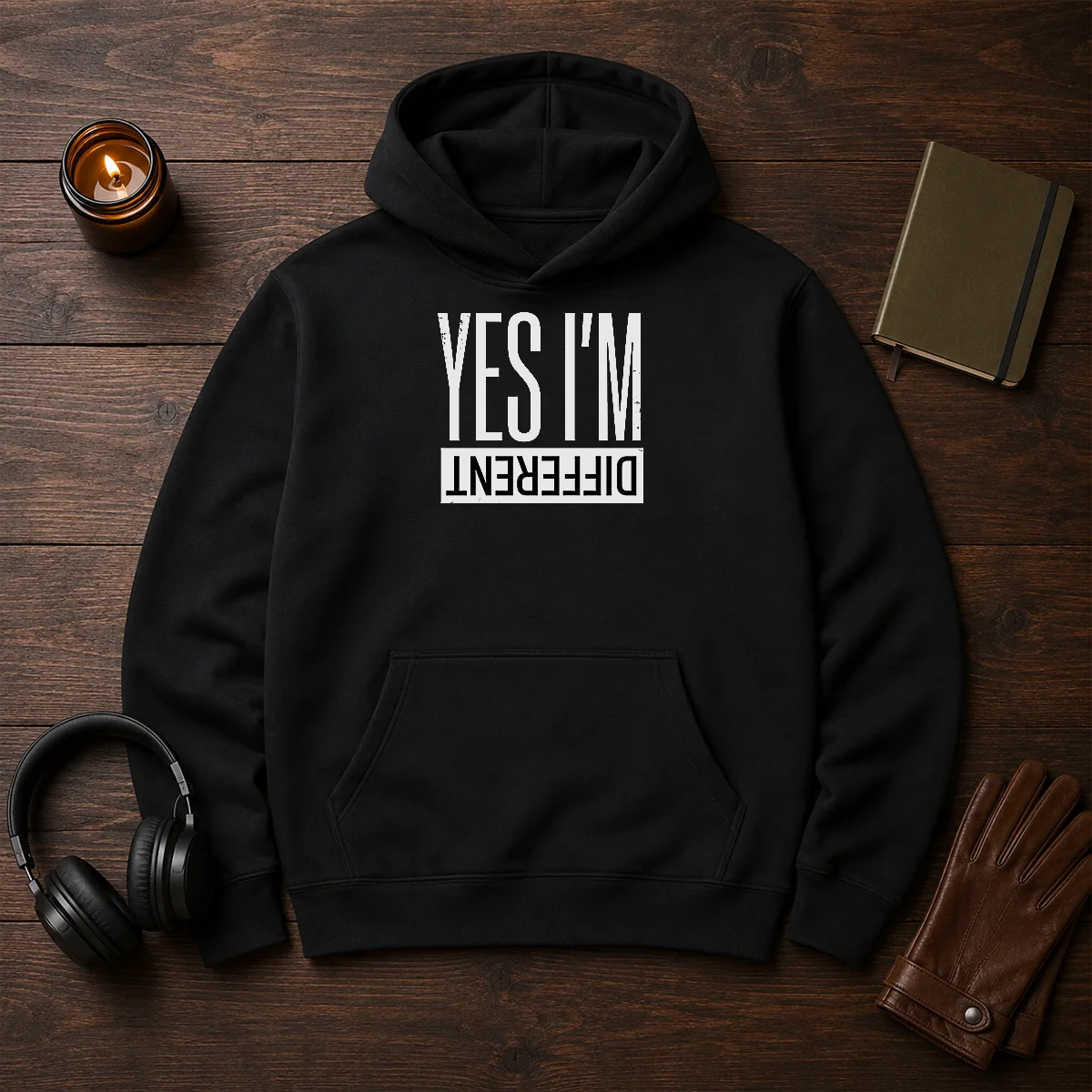Nice Yes I'M Different Hoodie in black, front view with bold white text design