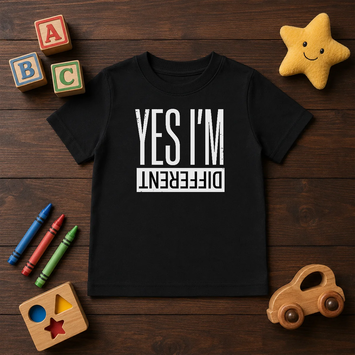 Nice Yes I'M Different Kids T Shirt in white, front view showing colorful text design