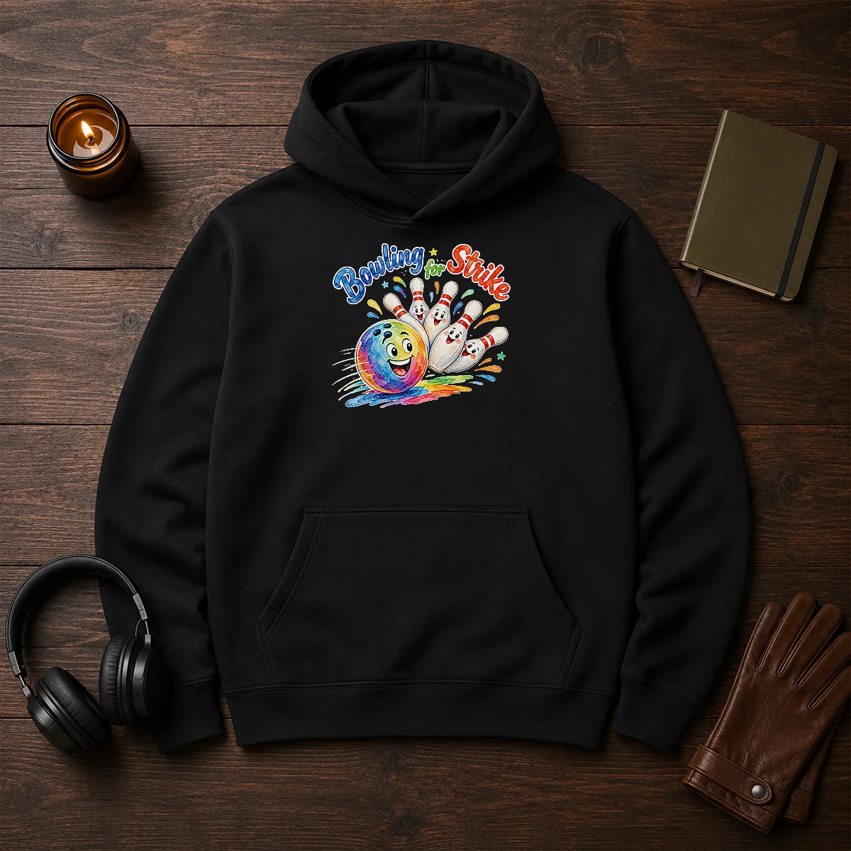 Official Bowling For Strike Watercolor Hoodie in black with colorful bowling ball and pins design