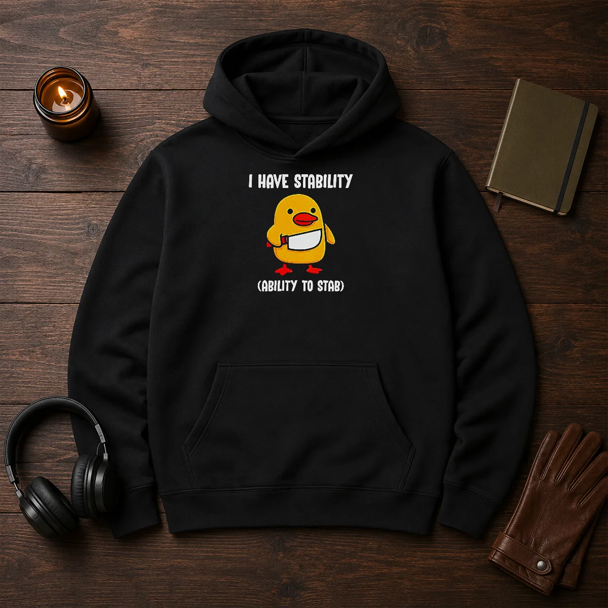 Official I Have Stability Ability To Stab Cute Duck With Knife Hoodie featuring a graphic duck with a knife on a comfortable pullover