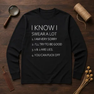 Official I Know I Swear A Lot I Am Very Sorry I'Ll Try To Be Good 1 And 2 Are Lies You Can Fuck Off Long Sleeve Shirt