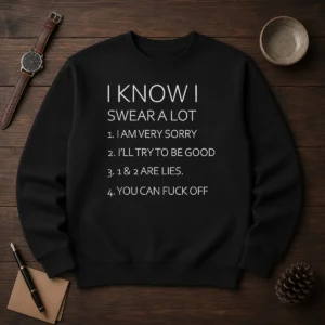 Official I Know I Swear A Lot I Am Very Sorry I'Ll Try To Be Good 1 And 2 Are Lies You Can Fuck Off Sweater