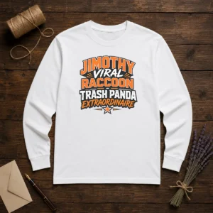 Official Jimothy Viral Raccoon Funny Trash Panda Typography Long Sleeve Shirt in black with bold white text design