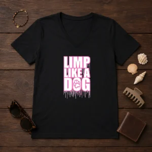 Official Limp Like A Dog Paw Print V Neck Shirt showing front design on a comfortable fitted women's V neck tee