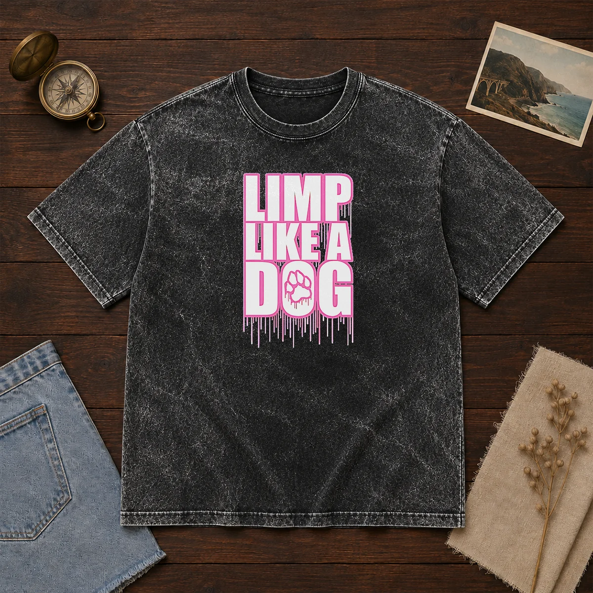 Official Limp Like A Dog Paw Print Washed T-Shirt