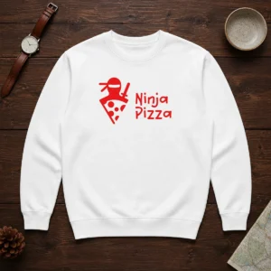 Official Ninja Pizza Martial Arts Character Food Illustration Sweater in a cozy crewneck style with vibrant graphic print