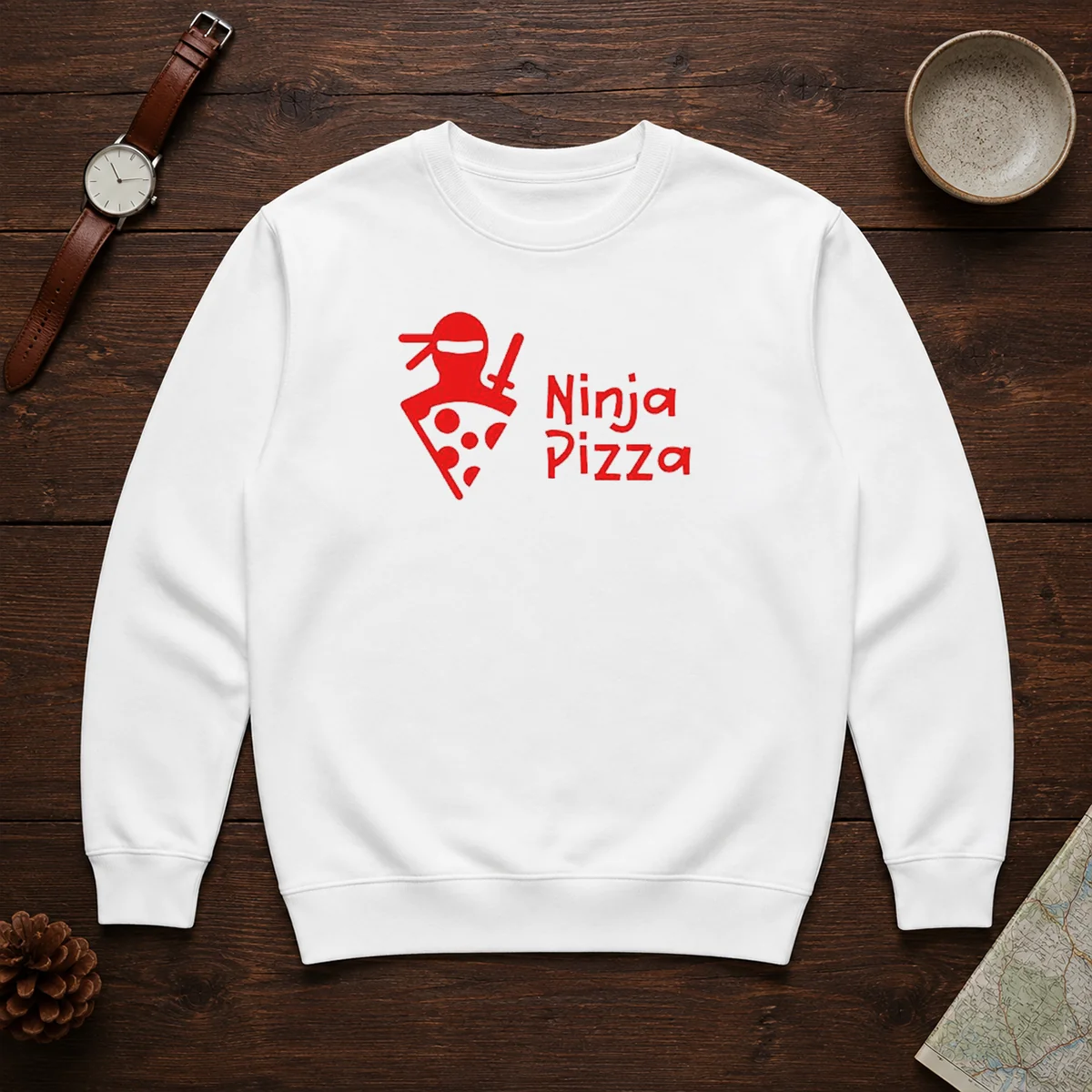 Official Ninja Pizza Martial Arts Character Food Illustration Sweater in a cozy crewneck style with vibrant graphic print