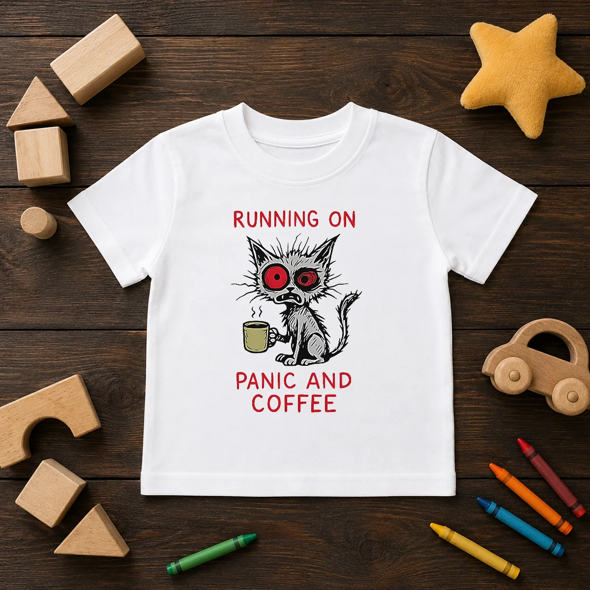 Official Running On Panic And Coffee Cat Caffeine Kids T-Shirt