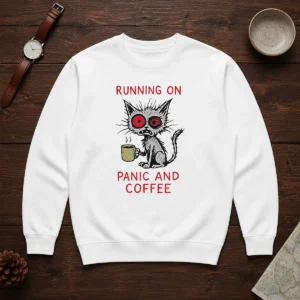 Official Running On Panic And Coffee Cat Caffeine Sweater