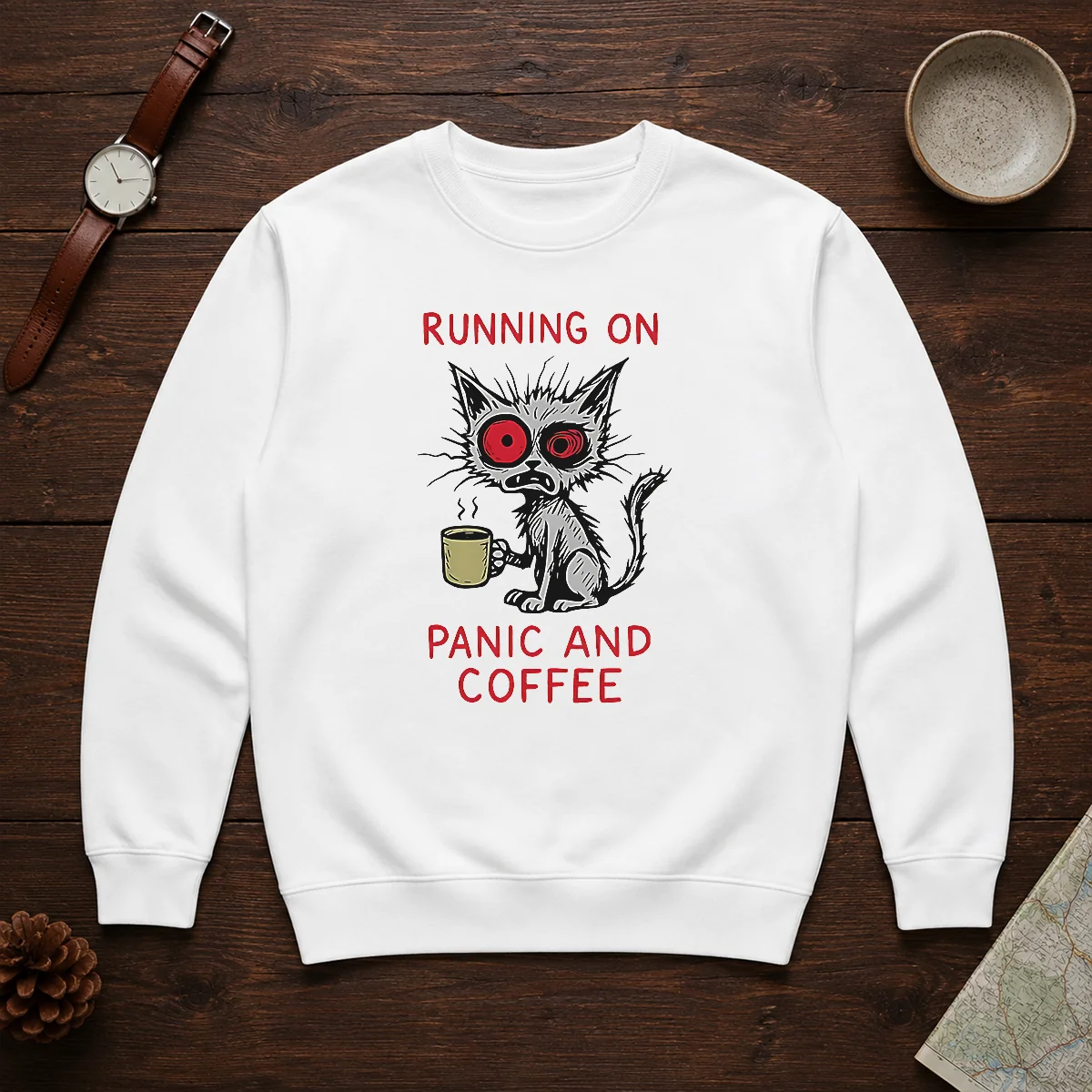 Official Running On Panic And Coffee Cat Caffeine Sweater