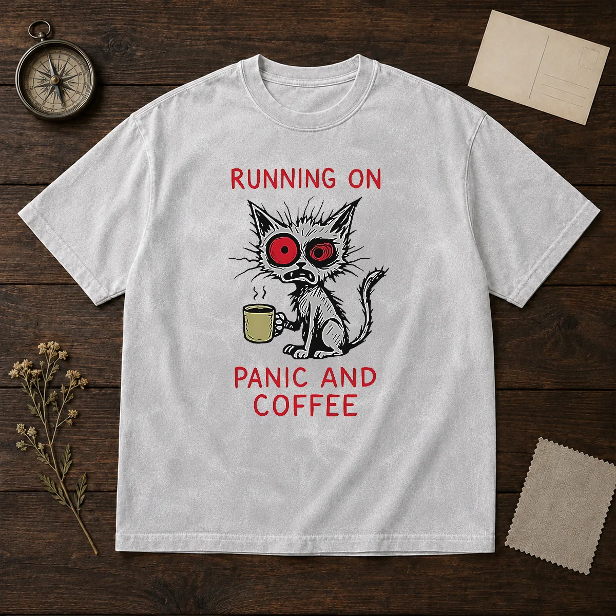 Official Running On Panic And Coffee Cat Caffeine washed t shirt in soft vintage style fabric