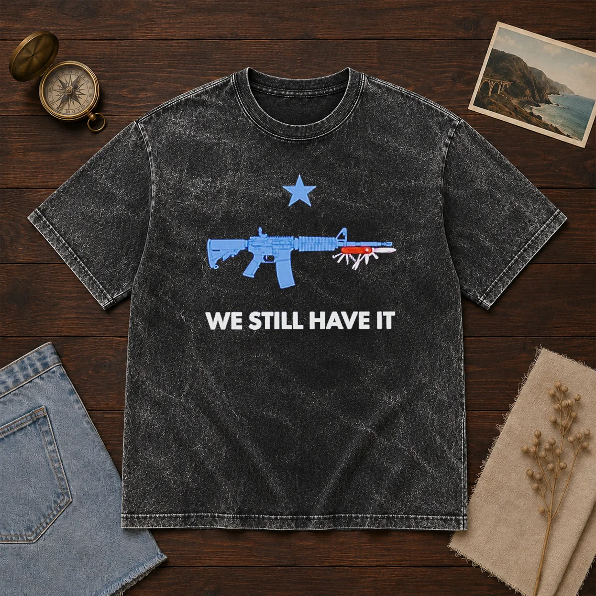 Official Swiss Army Knife We Still Have It Washed T Shirt in soft cotton fabric, featuring vintage washed look and classic fit