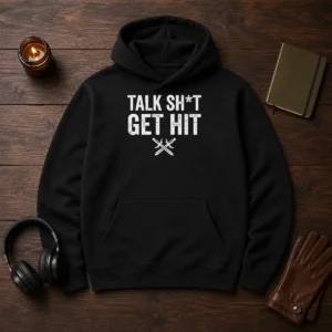 Official Talk Sht Get Hit Crossed Swords Hoodie in black with bold crossed swords graphic on front