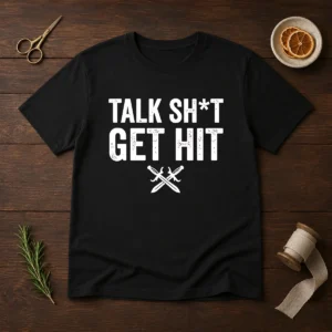 Official Talk Sht Get Hit Crossed Swords t shirt in black with bold graphic print on front