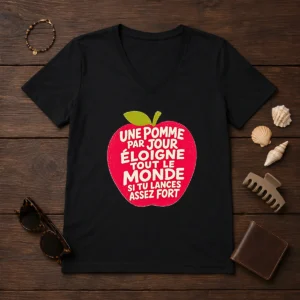 Official Une Pomme Par Jour Eloigne Tout Le Monde Si Tu Lances Assez Fort Humor V-Neck Shirt