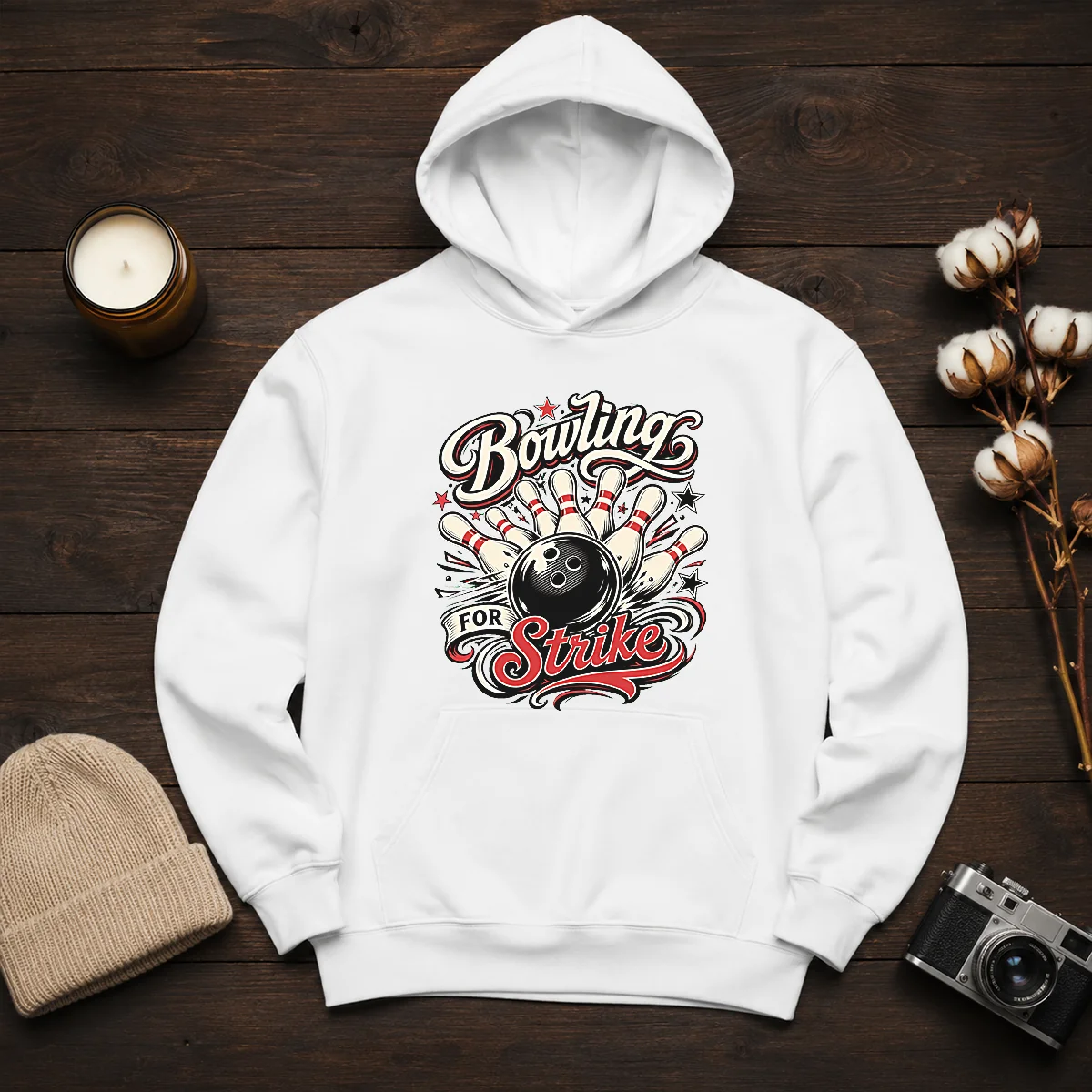 Original Bowling For Strike Tattoo Hoodie in black, featuring a bold bowling tattoo graphic on the front