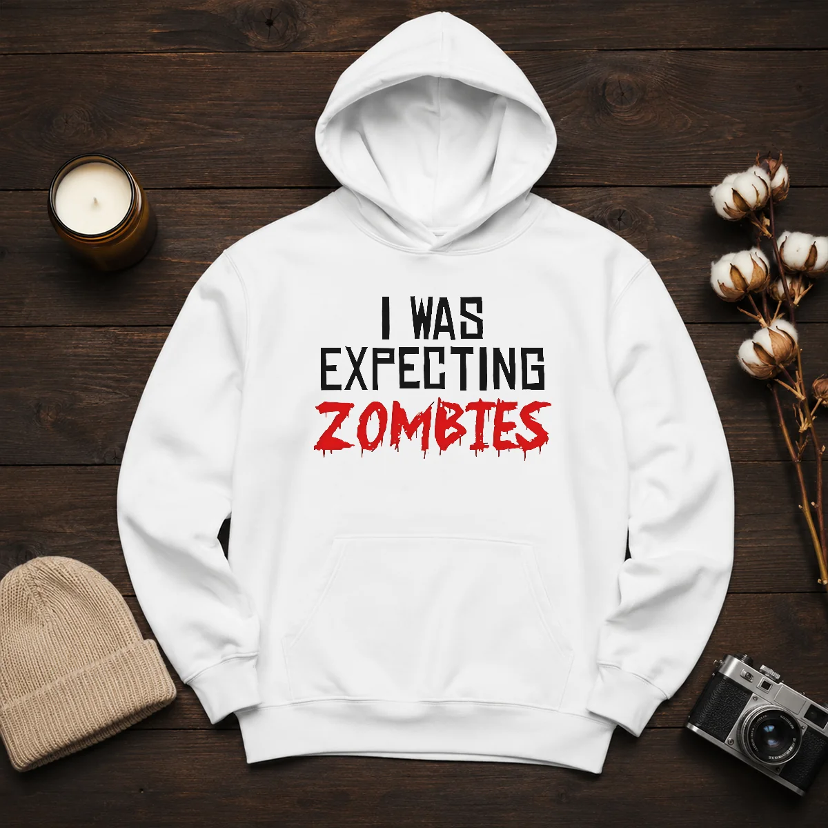 Original I Was Expecting Zombies Hoodie in black with front pocket and drawstring hood