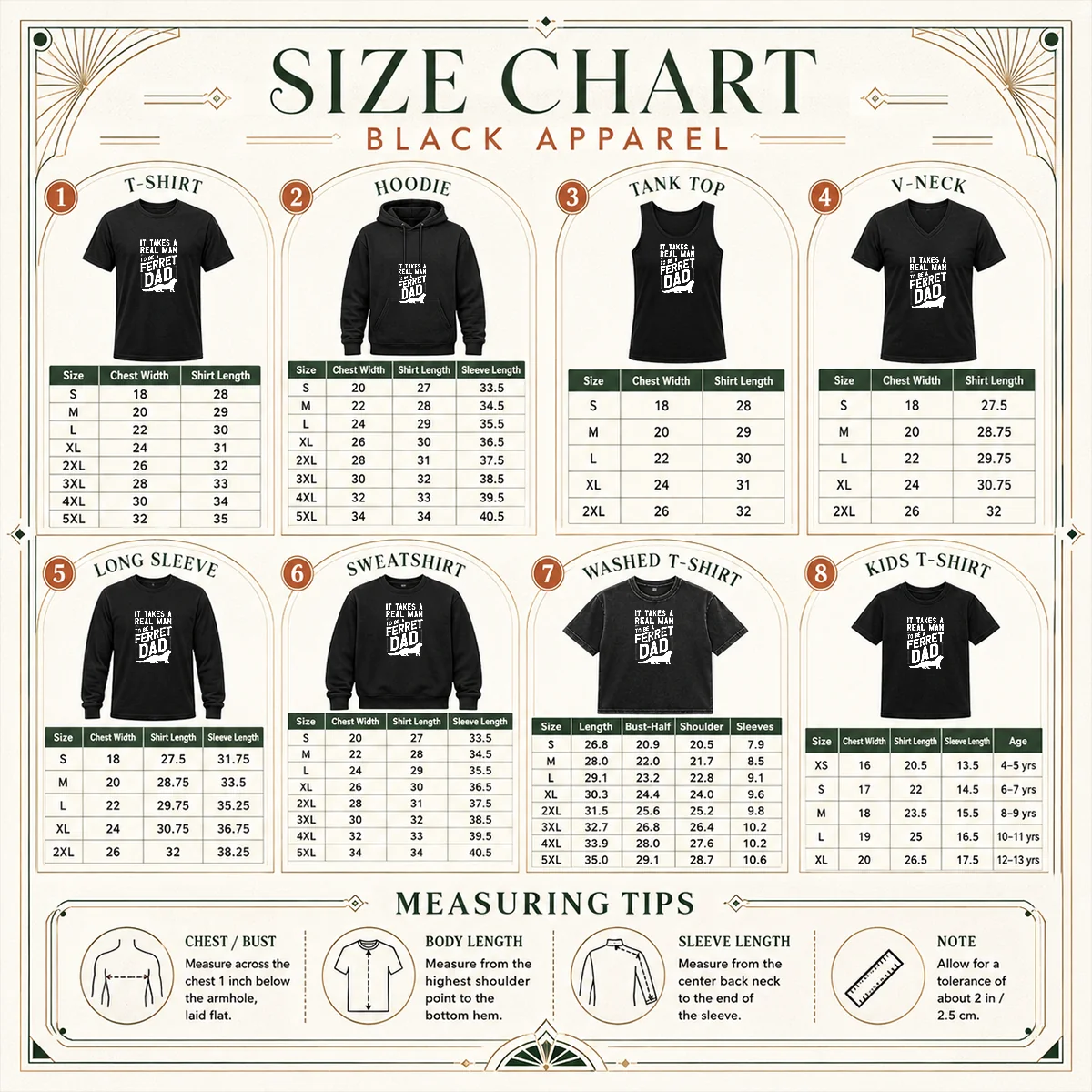 Original It Takes A Real Man To Be A Ferret Dad Pet Owner Size Chart Size chart for Original It Takes A Real Man To Be A Ferret Dad Pet Owner Shirt with measurements in inches and cm
