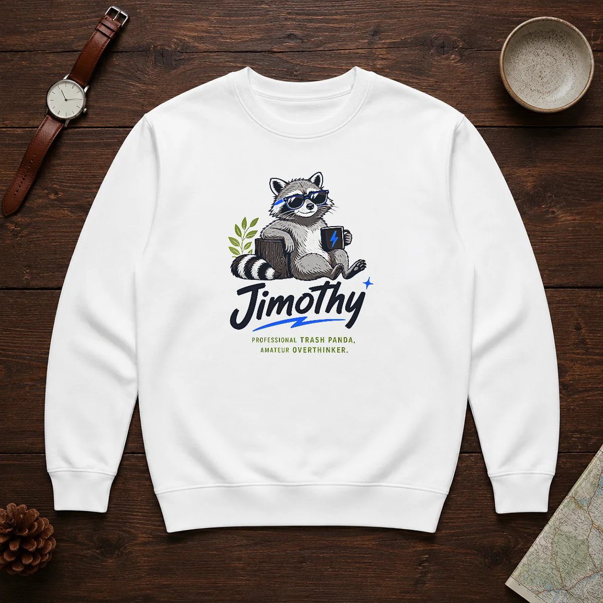 Original Jimothy The Trash Panda Funny Racoon Meme Sweater in dark gray, cozy knit pullover with front graphic print