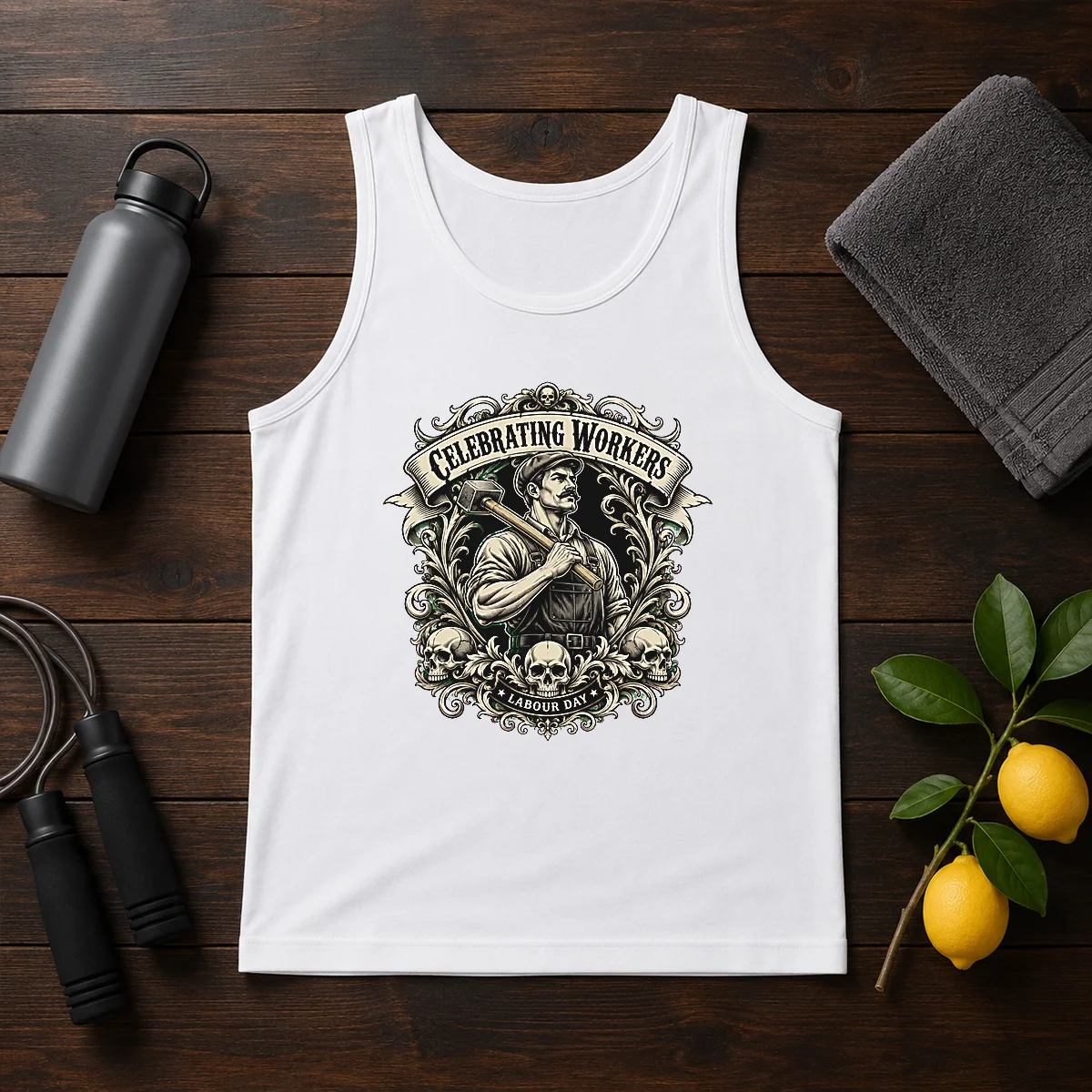 Original Labour Day Celebration Workers Gothic Tattoo Tank Top in black, sleeveless casual wear with gothic tattoo design