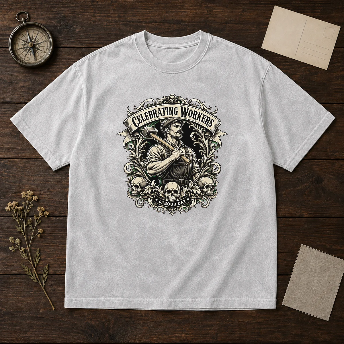 Original Labour Day Celebration Workers Gothic Tattoo design on a faded washed t shirt with short sleeves