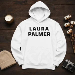 Original Laura Palmer Twin Peaks I Killed Laura Palmer Hoodie in black, featuring bold white text on the front
