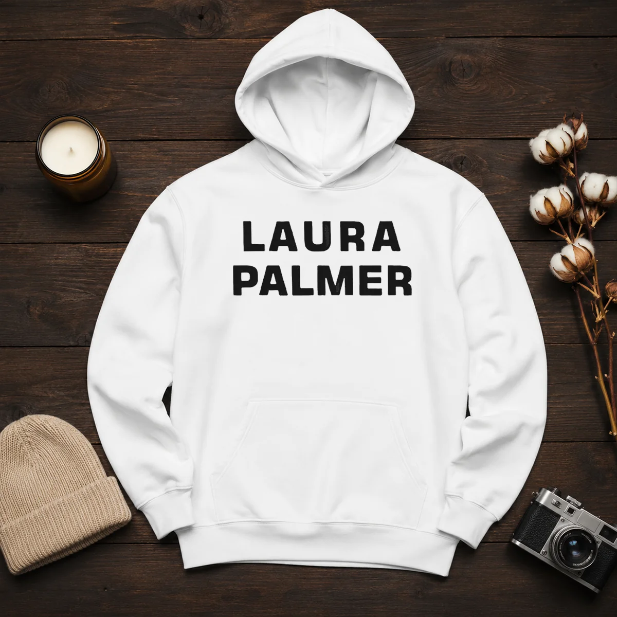 Original Laura Palmer Twin Peaks I Killed Laura Palmer Hoodie in black, featuring bold white text on the front