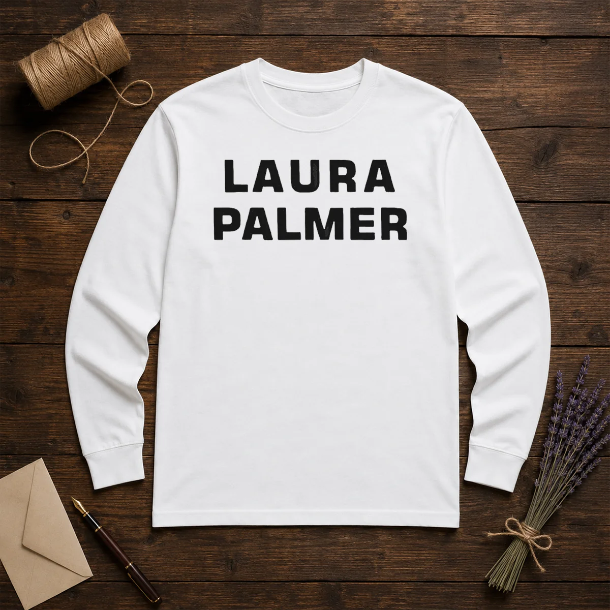 Original Laura Palmer Twin Peaks I Killed Laura Palmer long sleeve shirt in black with white text graphic on front