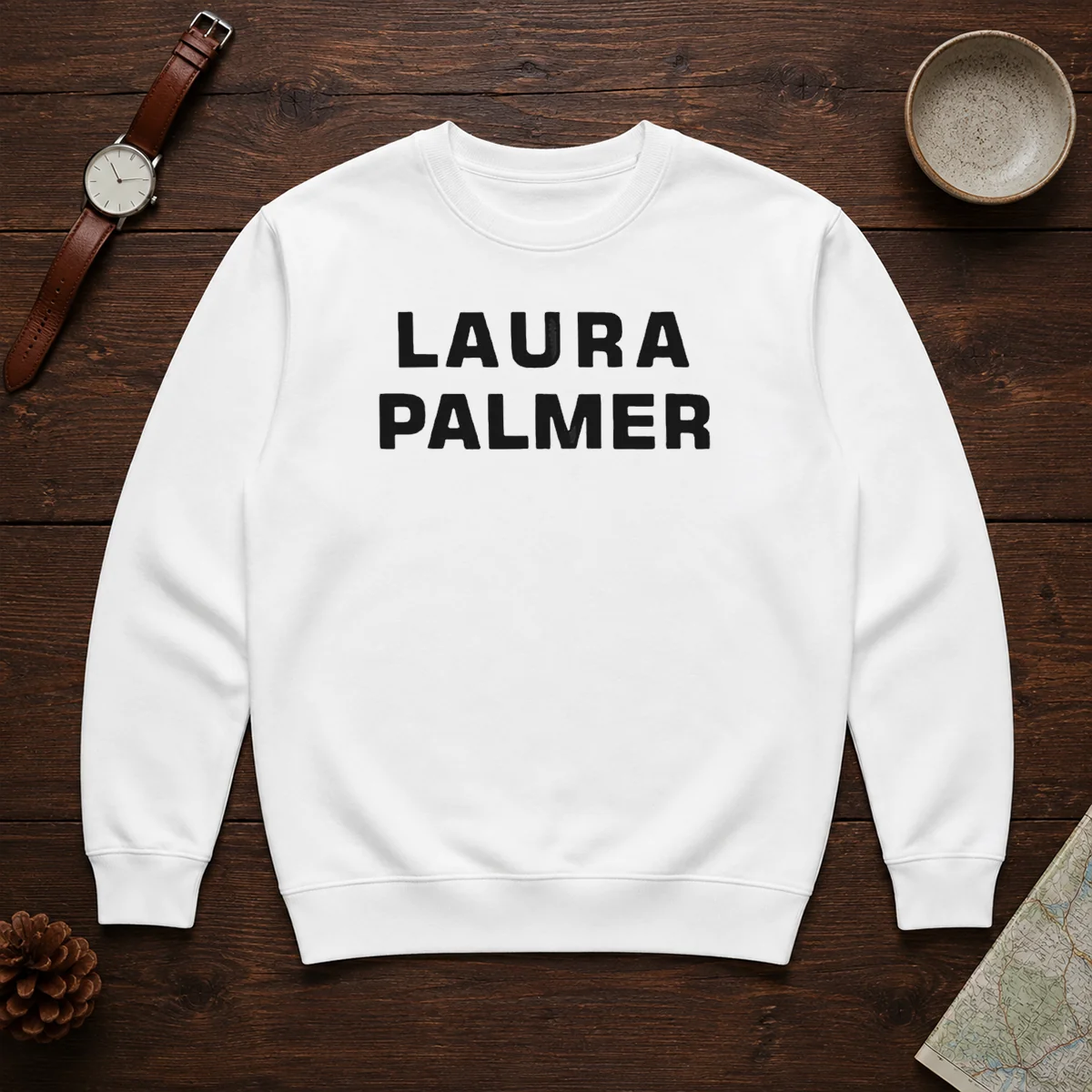 Original Laura Palmer Twin Peaks I Killed Laura Palmer Sweater featuring graphic print on a cozy crewneck sweatshirt