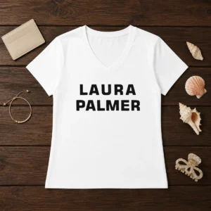 Original Laura Palmer Twin Peaks I Killed Laura Palmer V Neck Shirt in black with white text design