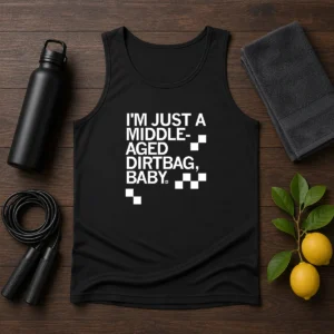 Original Middle Aged Dirt Bag Tank Top in black, front view of sleeveless casual shirt for men