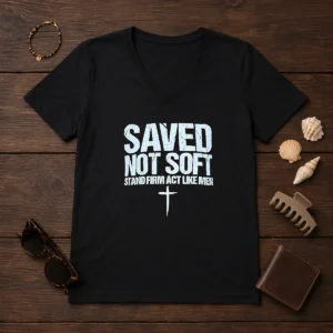 Original Saved Not Soft Stand Firm Act Like Men Christian V Neck Shirt in dark color, front view