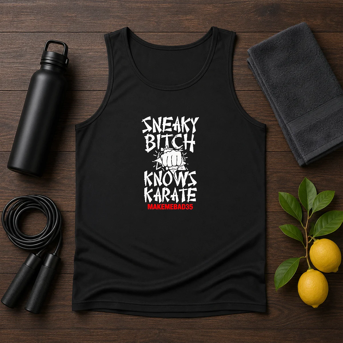 Original Sneaky Bitch Knows Karate Makemebad35 Funny Quote Tank Top