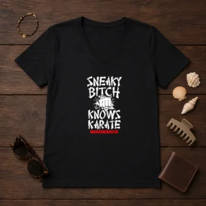 Original Sneaky Bitch Knows Karate Makemebad35 Funny Quote V Neck Shirt in dark color showing front design