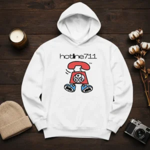Original Telephone Cartoon Hotline711 Hoodie in black, featuring a colorful vintage telephone graphic on the front