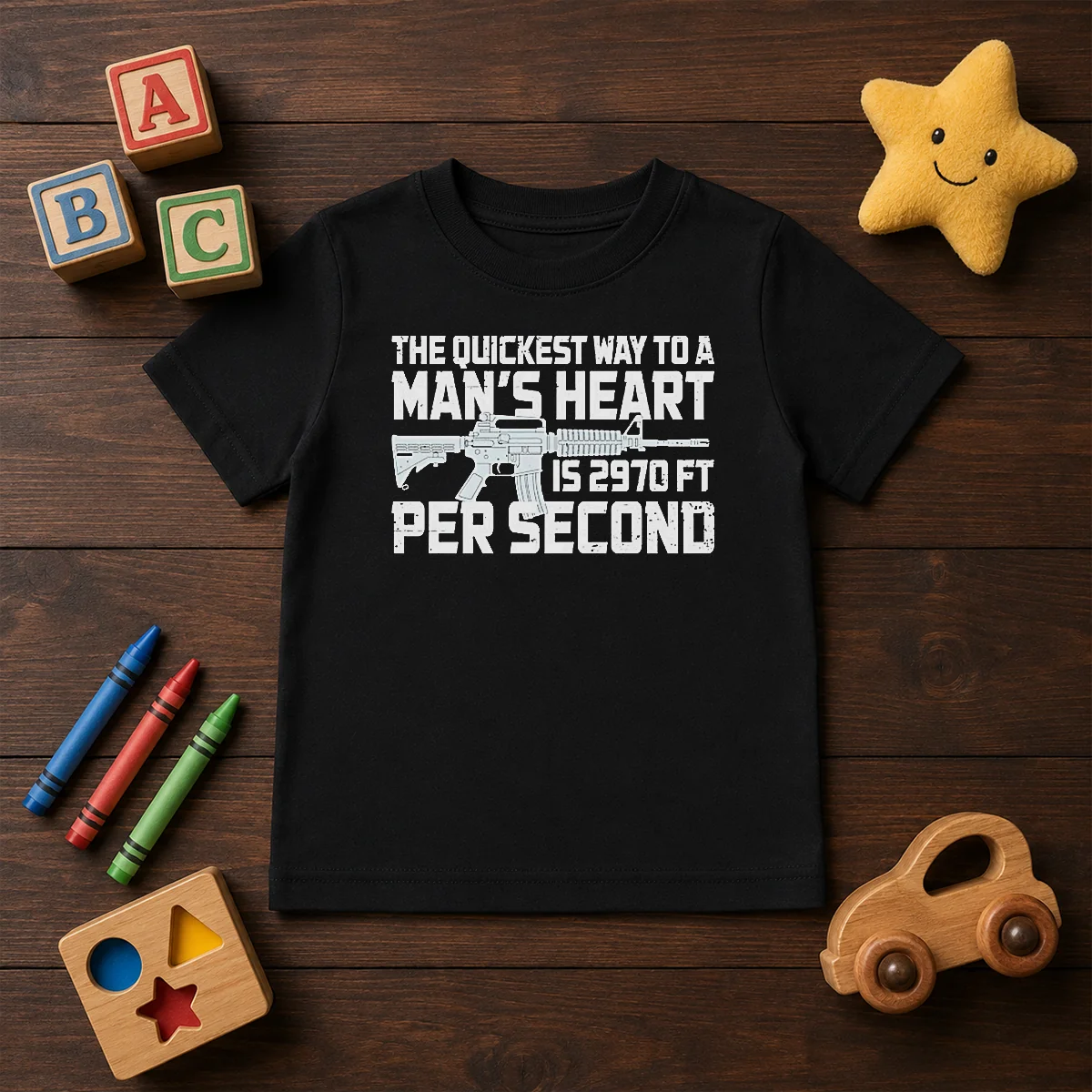 Original The Quickest Way To A Man Heart Is 2970 Ft Per Second Ar15 Rifle Firearm Kids T Shirt in navy blue, short sleeve cotton tee for children