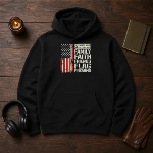 Premium 5 Things You Don'T Mess With Family Faith Friends Flag Firearms Hoodie in dark color, cozy pullover with front pocket and adjustable hood