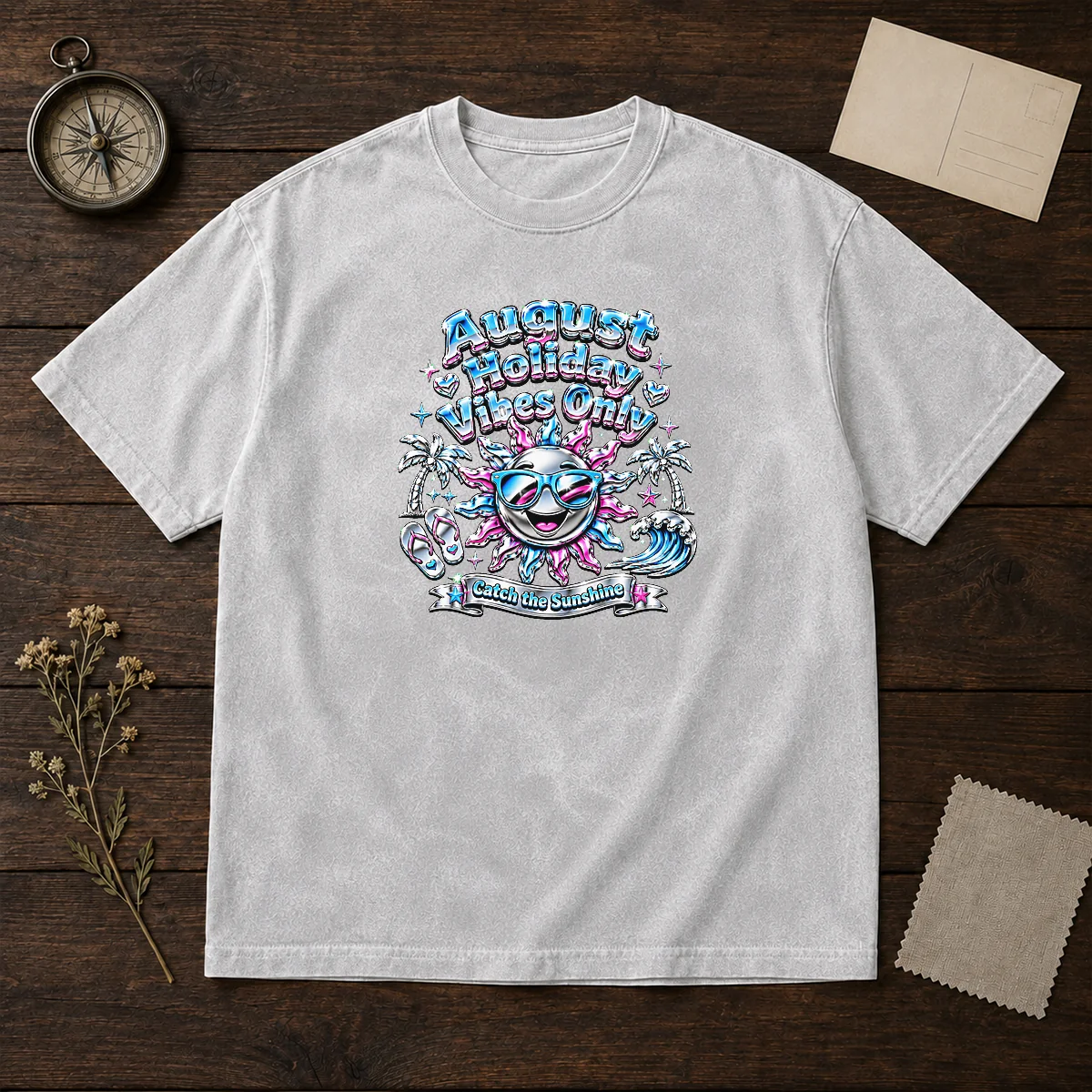 Premium August Holiday Vibes Y2K Chrome Sun Washed T-Shirt