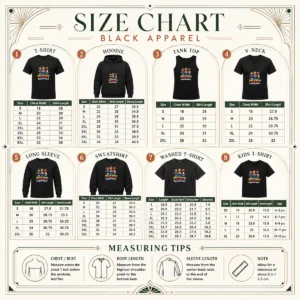 Size chart for Premium Back To School Cartoon Squad For Kids showing measurements in inches and cm