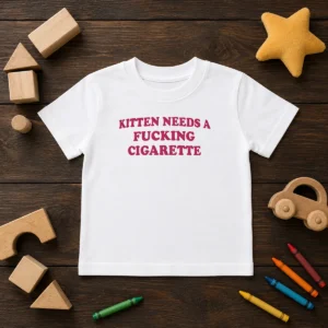 Premium Embroidered Novelty Apparel Kitten Needs A Fucking Cigarette Kids T-Shirt