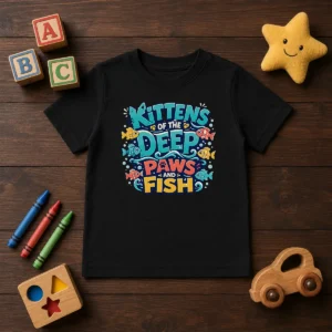 Premium Kittens Of The Deep Paws And Fish Typography Kids T-Shirt