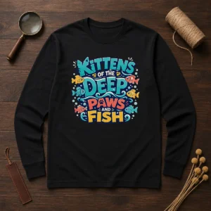 Premium Kittens Of The Deep Paws And Fish Typography long sleeve shirt featuring playful kitten and fish design
