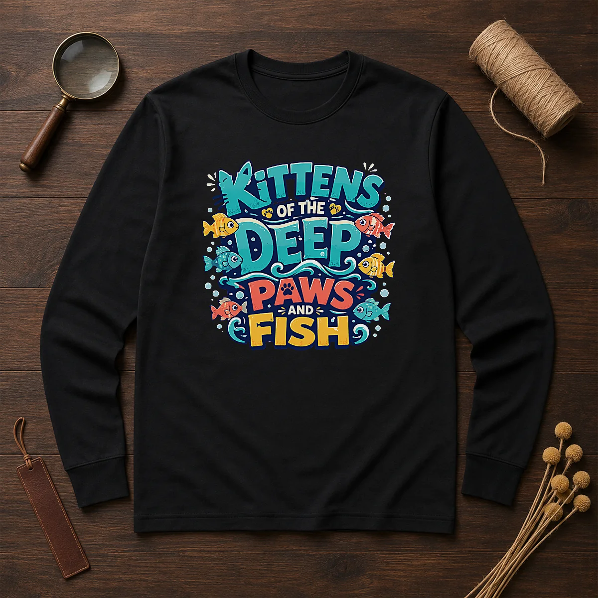 Premium Kittens Of The Deep Paws And Fish Typography long sleeve shirt featuring playful kitten and fish design