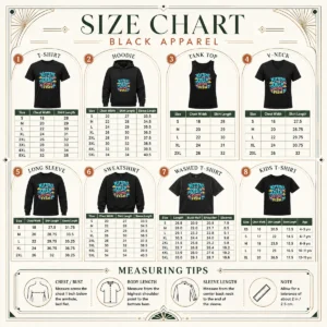 Size chart for Premium Kittens Of The Deep Paws And Fish Typography with measurements in inches and cm